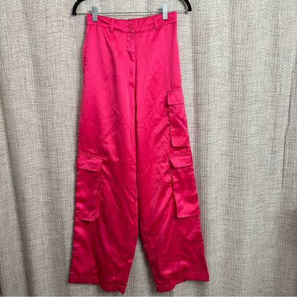 Nordstrom HT360 Collective Satin Cargo Pants Wide Leg Flowy High Rise Pink Small - Picture 2 of 4